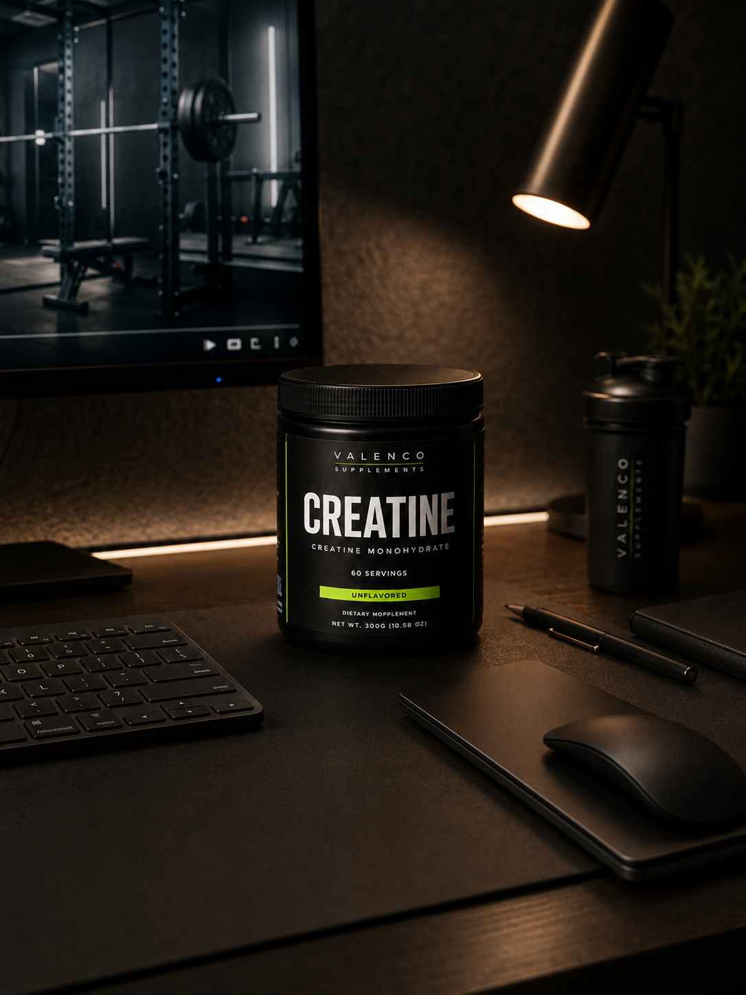 Valenco container on a dark walnut desk with keyboard and gym monitor