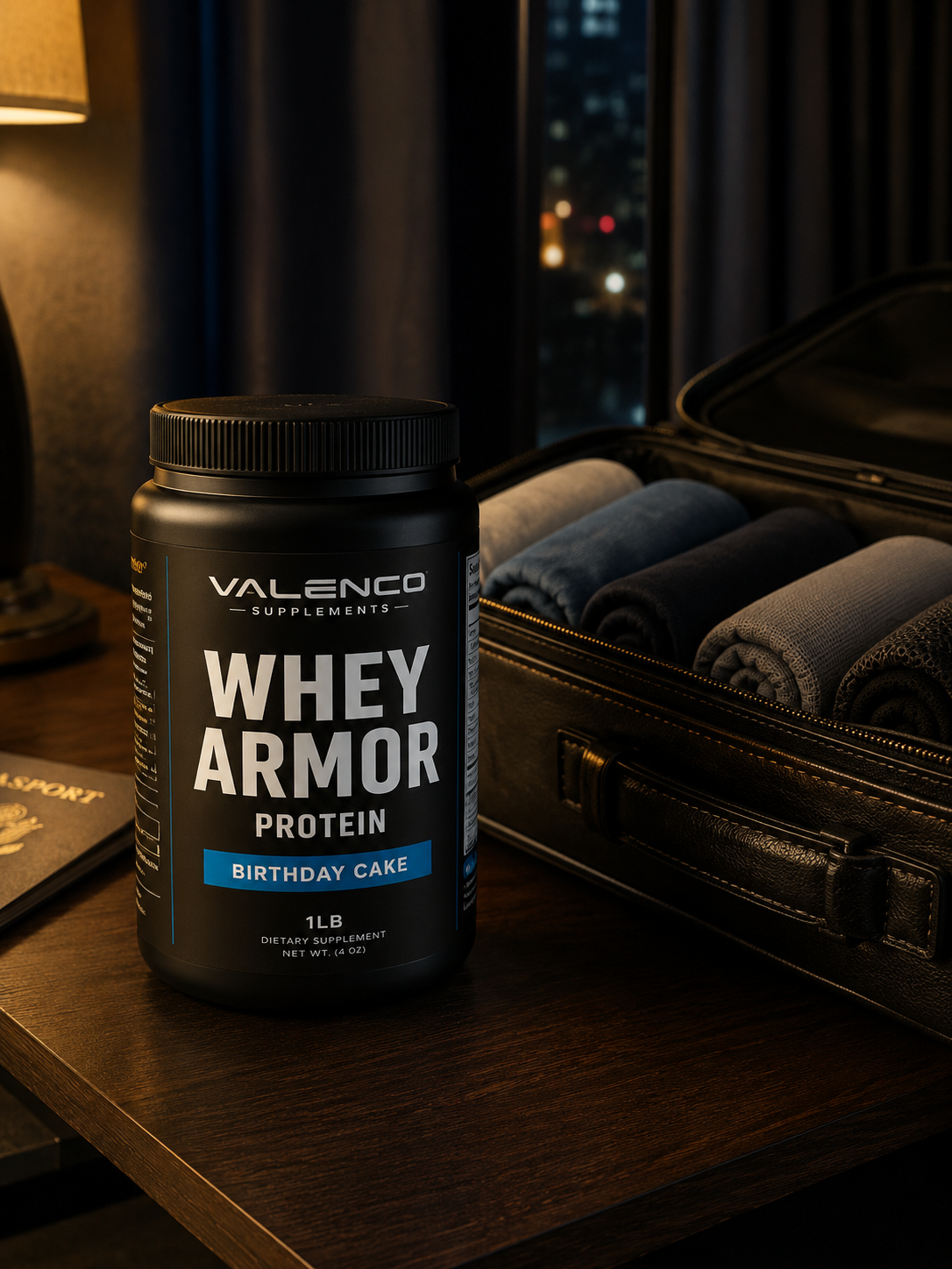 Valenco Whey Armor on a hotel writing desk with open suitcase