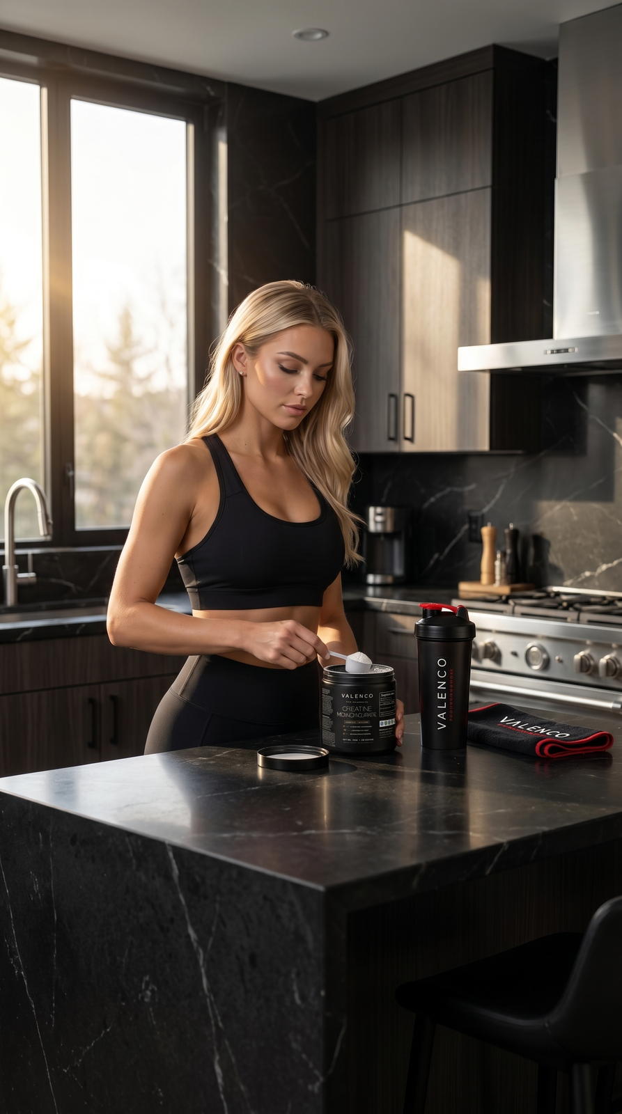 Valenco preworkout on a dark marble kitchen counter, morning light